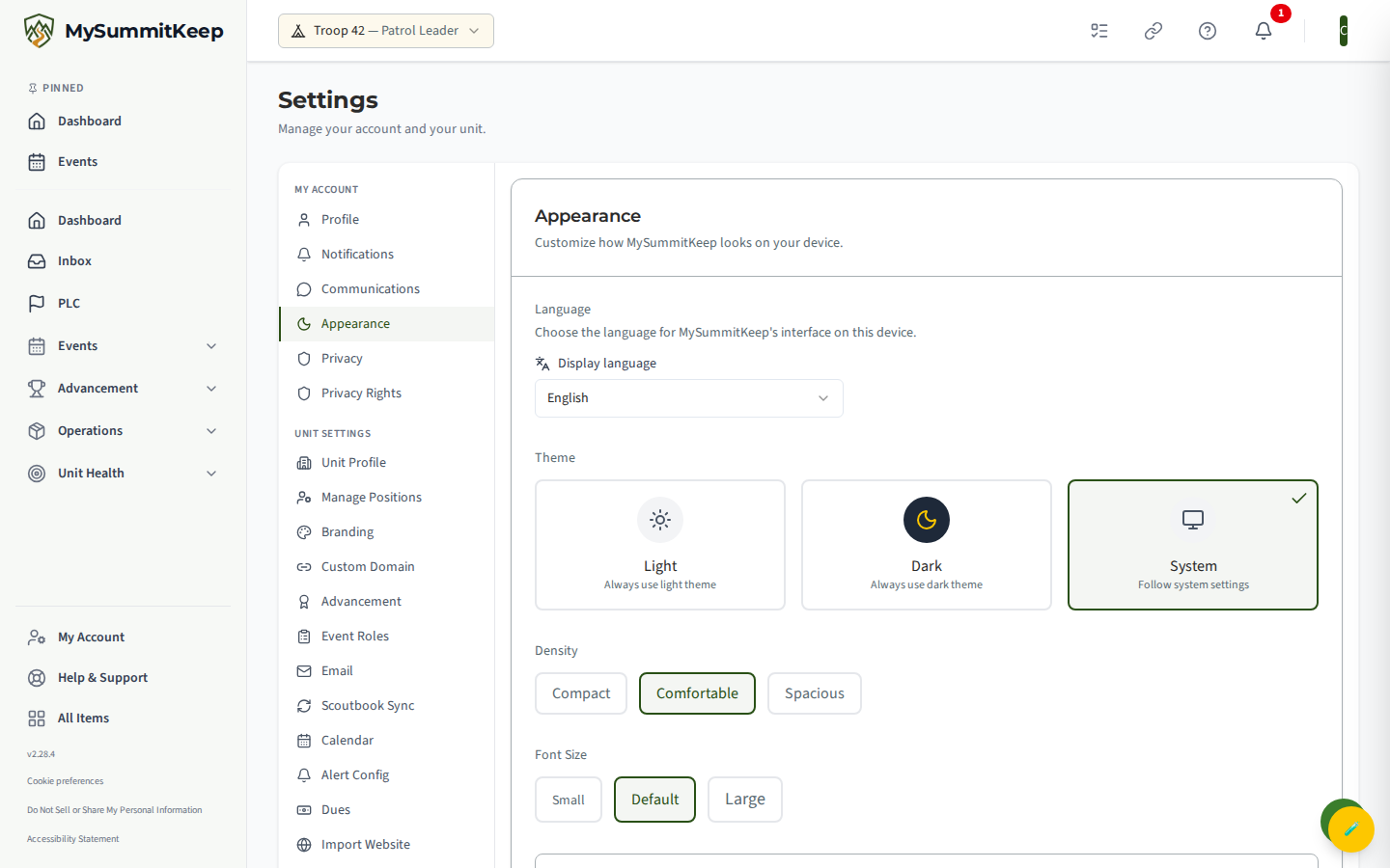 The /settings/appearance tab showing the Theme picker with Light, Dark, and System options, plus Density and Font Size controls and a live Preview card.