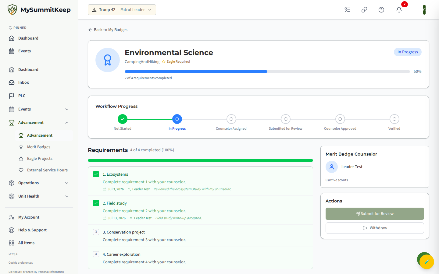 A single in-progress badge's progress page: 'Back to My Badges' link, the badge header with image, category, completion percentage bar and 'X of Y requirements completed', the 'Workflow Progress' status stepper, and the numbered requirement checklist on the left.