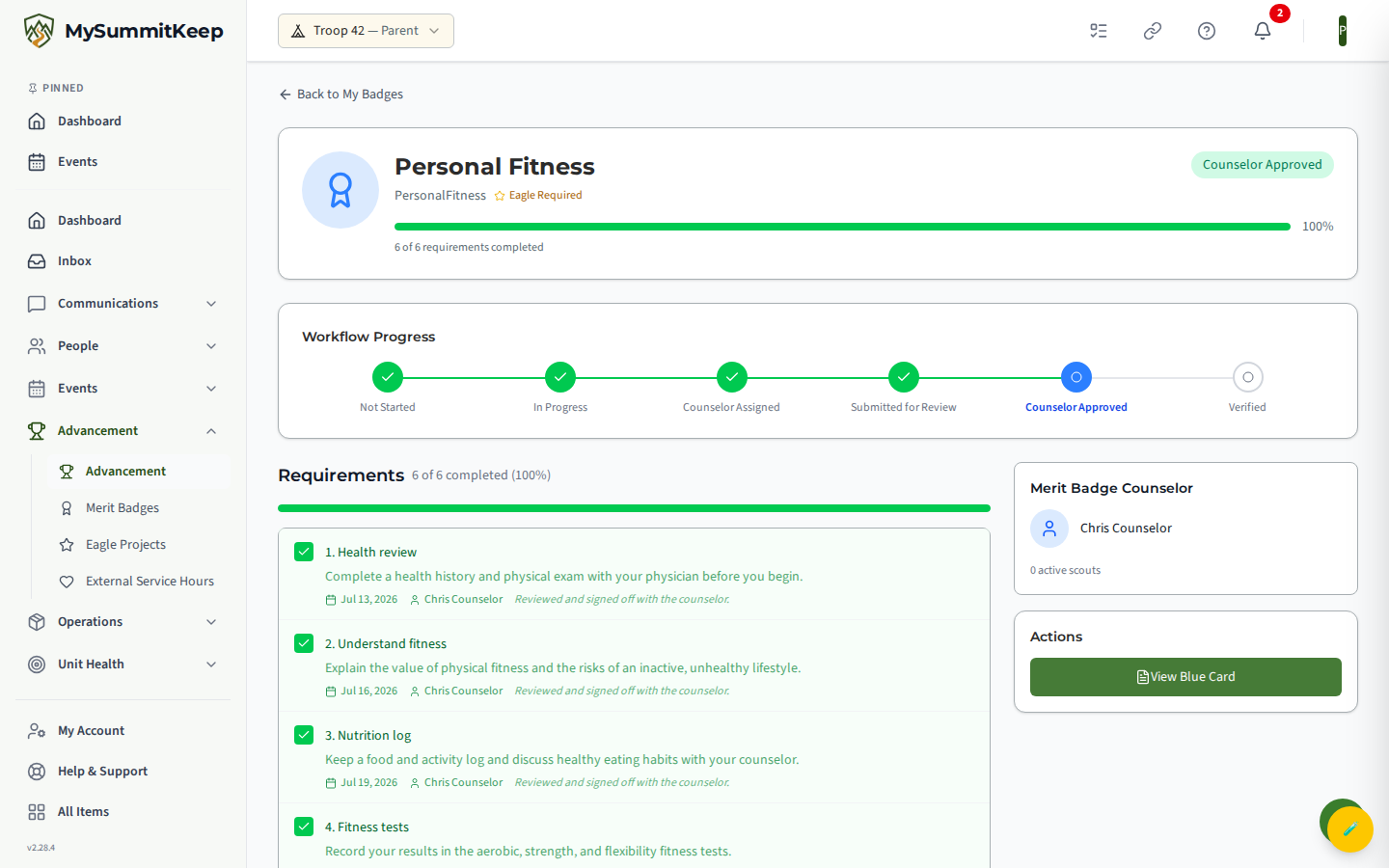 Per-badge progress page showing the workflow progress bar (counselor request → approval → verify) and requirement list