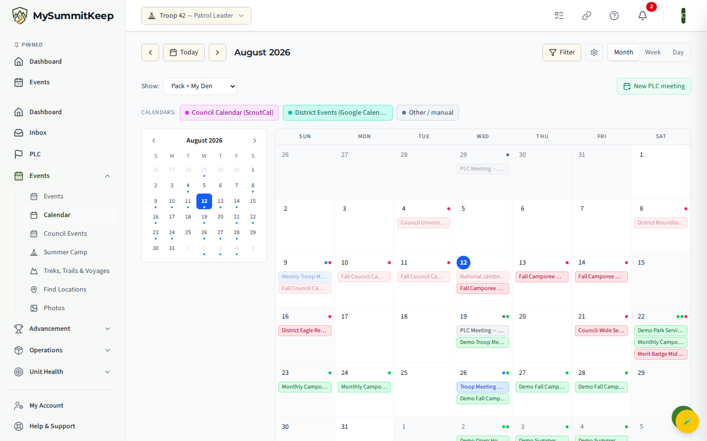 The /calendar month view as a Scout: a full-month grid with events placed on their days, the month name with back/forward arrows and a Today button, and today's date highlighted.