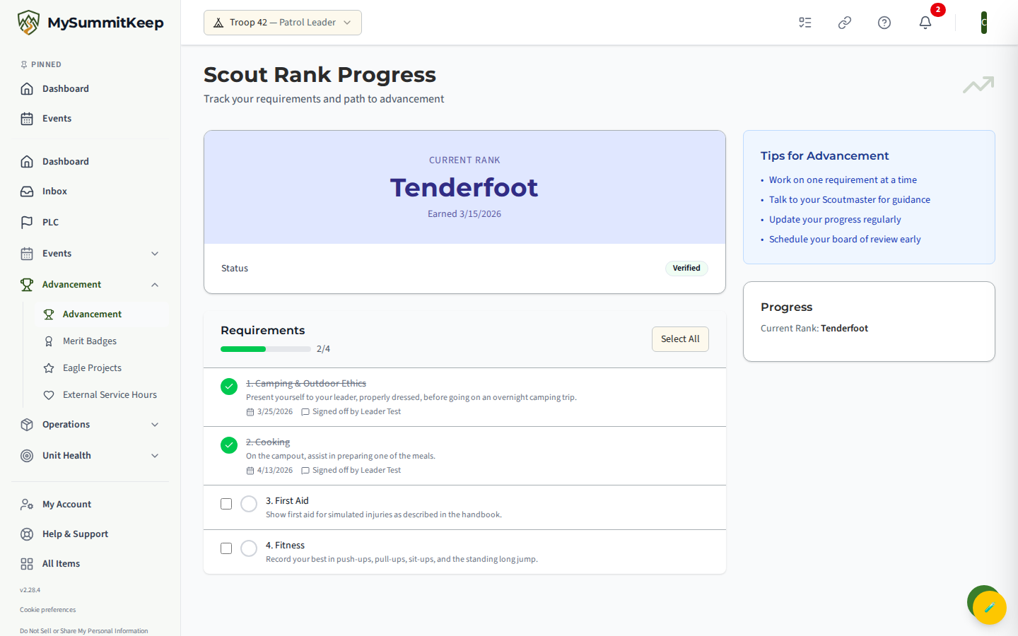 An expanded entry on the Scout's advancement showing a completed requirement (or an earned rank on the 'Your Rank Journey' timeline) with its sign-off / completion date and the 'Verified' badge.
