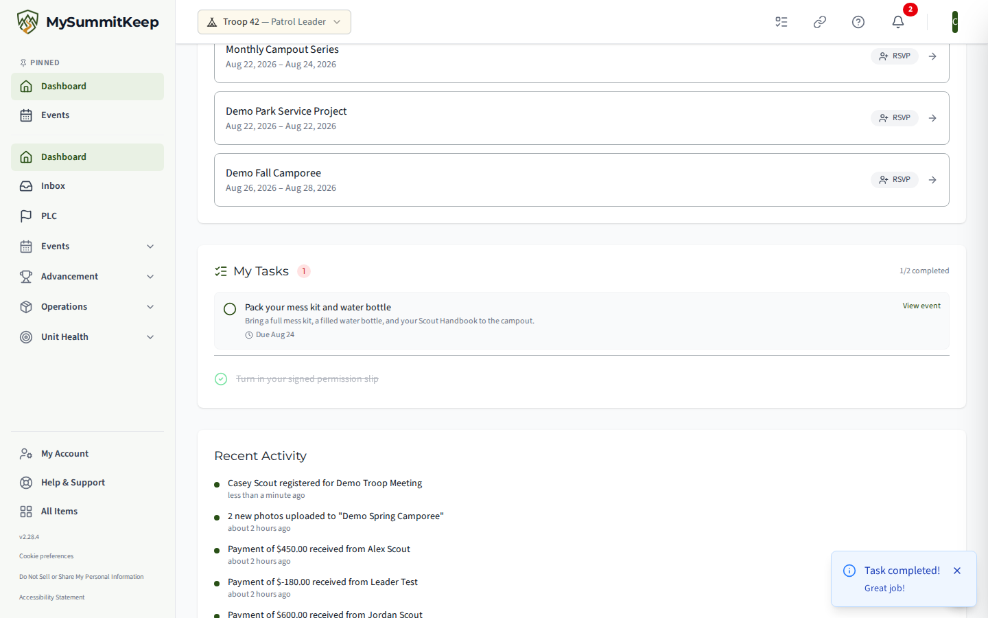 The 'My Tasks' widget on the Scout dashboard, with a Scout tapping the circle checkbox next to an assigned event task to mark it complete; the task then shows with a green check and strikethrough.