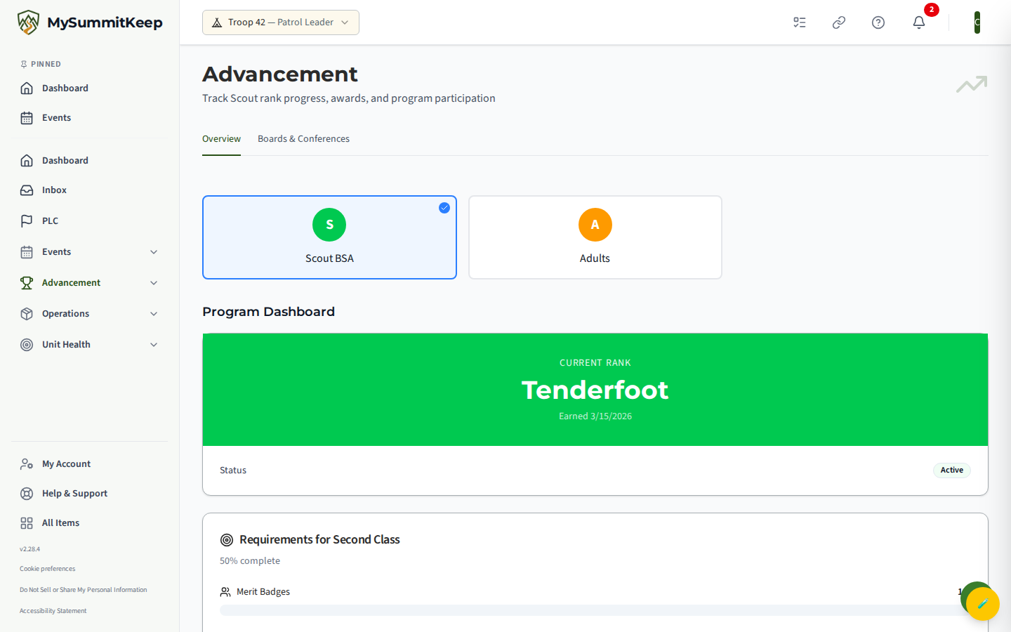 A Scout tapping the 'My Advancement' Quick Link card on the dashboard, which navigates to the advancement page.