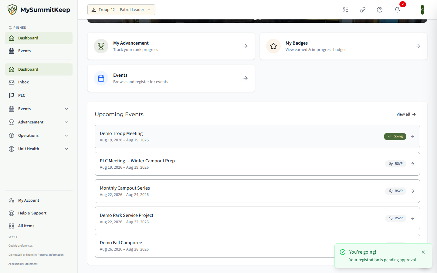 The Upcoming Events list on the Scout dashboard with the inline QuickRsvp button on an event row, shown switching from 'RSVP' to a green 'Going' state after one tap.