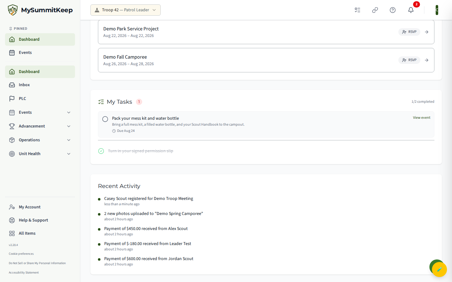 The 'Recent Activity' stream at the bottom of the Scout dashboard — a list of recent items each with a dot marker, a description, and a relative timestamp like '2 hours ago'.
