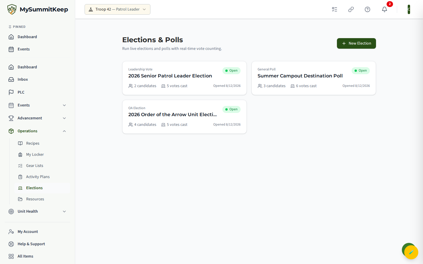 The Elections & Polls page as a Scout sees it: a grid of election cards, each with a type label and a status badge, including one with a green pulsing 'Open' badge that can be voted in.