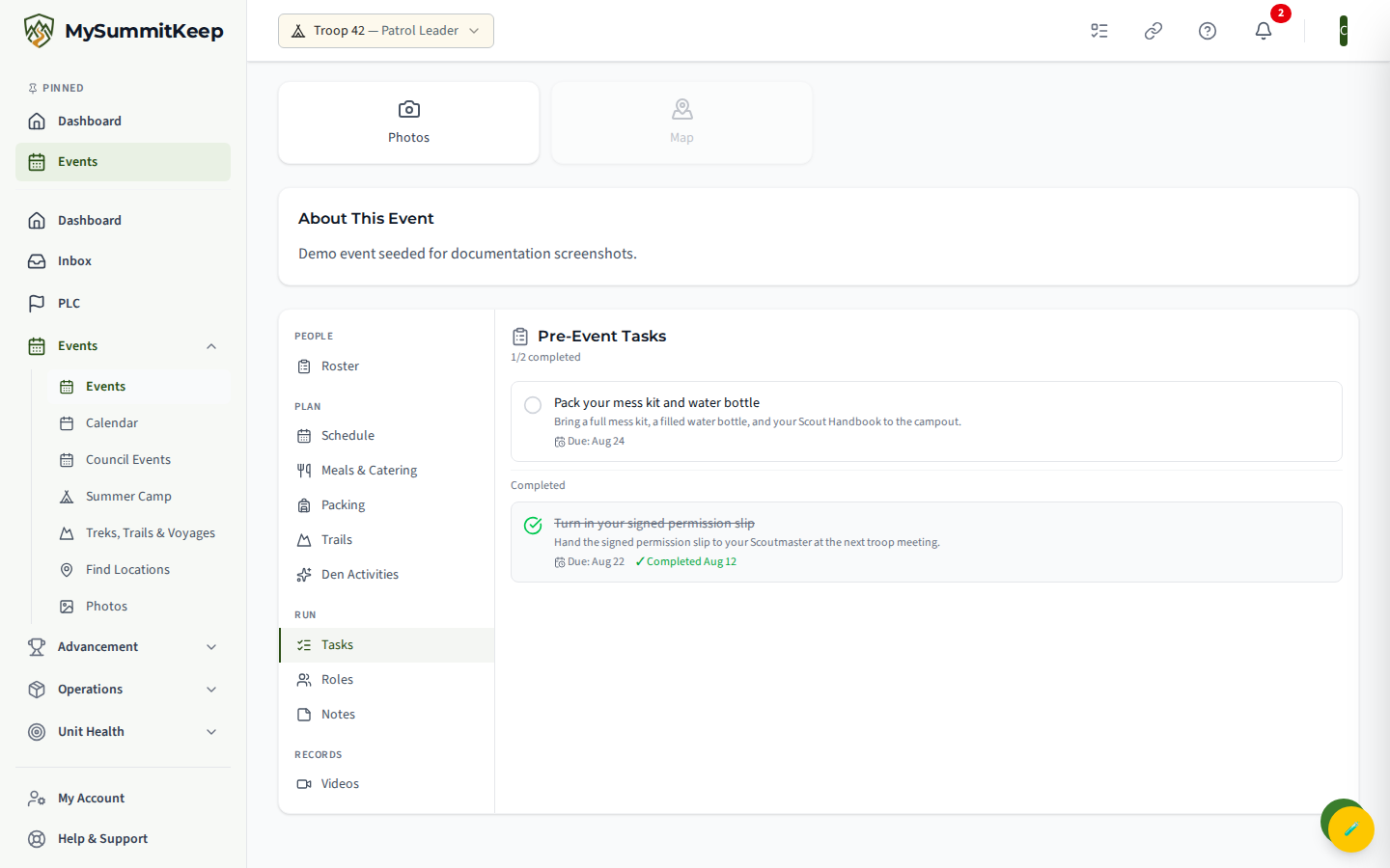 The Tasks tab on an event detail page showing event tasks, with the task assigned to the signed-in Scout highlighted.
