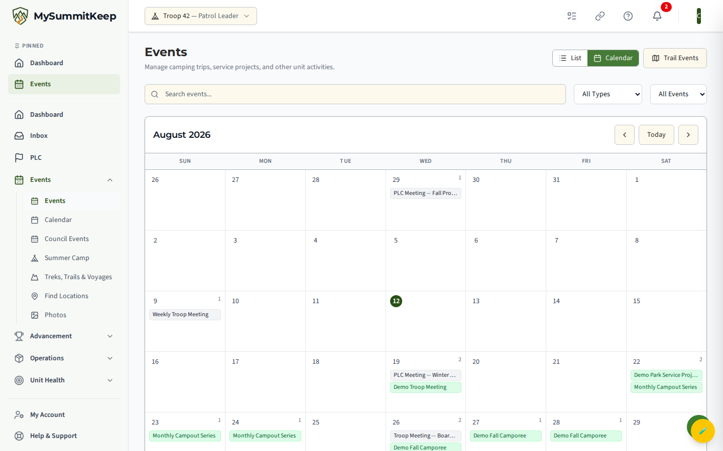 The /events page in List view as a Scout: a grid of event cards each showing the date, title, type and status badges, and youth/adult signup counts, with the search box and type/status filters above.