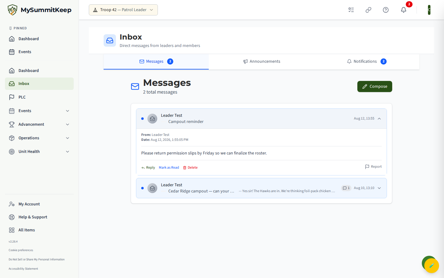 A direct message expanded in the Messages tab, showing the full thread with sender names, timestamps, and the message text.