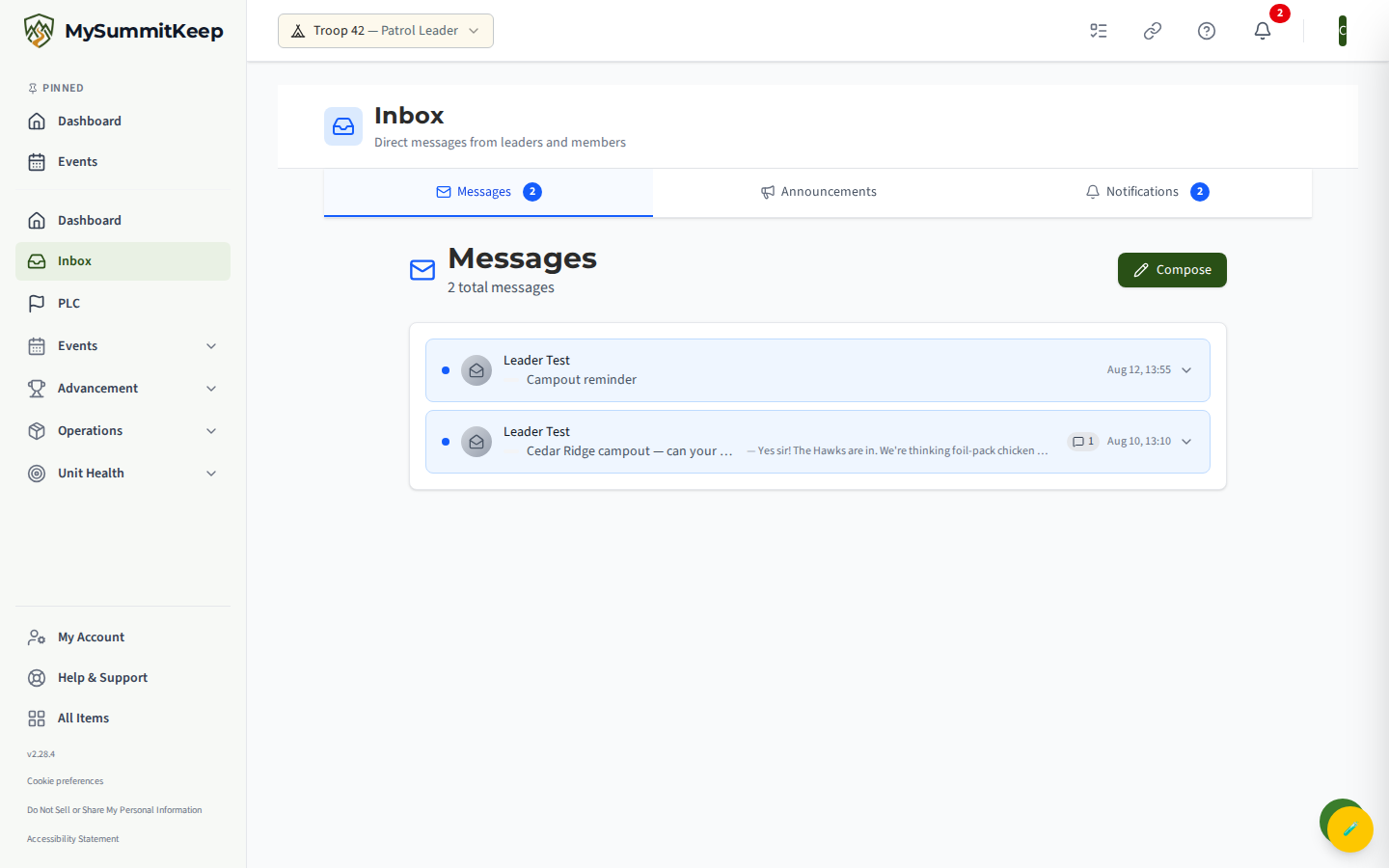 The Inbox hub with the Messages, Announcements, and Notifications tabs across the top and blue unread-count badges.