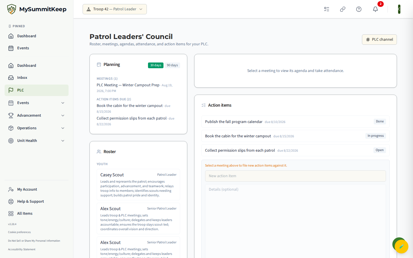 The Leadership Council (PLC) workspace as a Scout sees it: a Planning card, a Roster card, a Meetings list, and an Action items board, with a council channel button in the header.