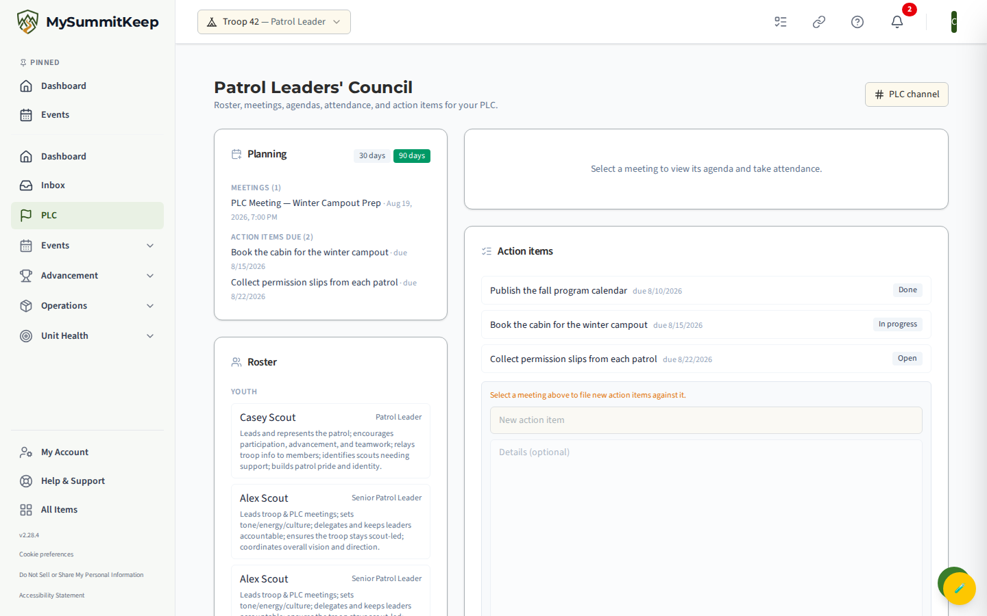 The Planning card on the Leadership Council page with the 90 days button selected, listing upcoming meetings and action items due in the next 90 days.