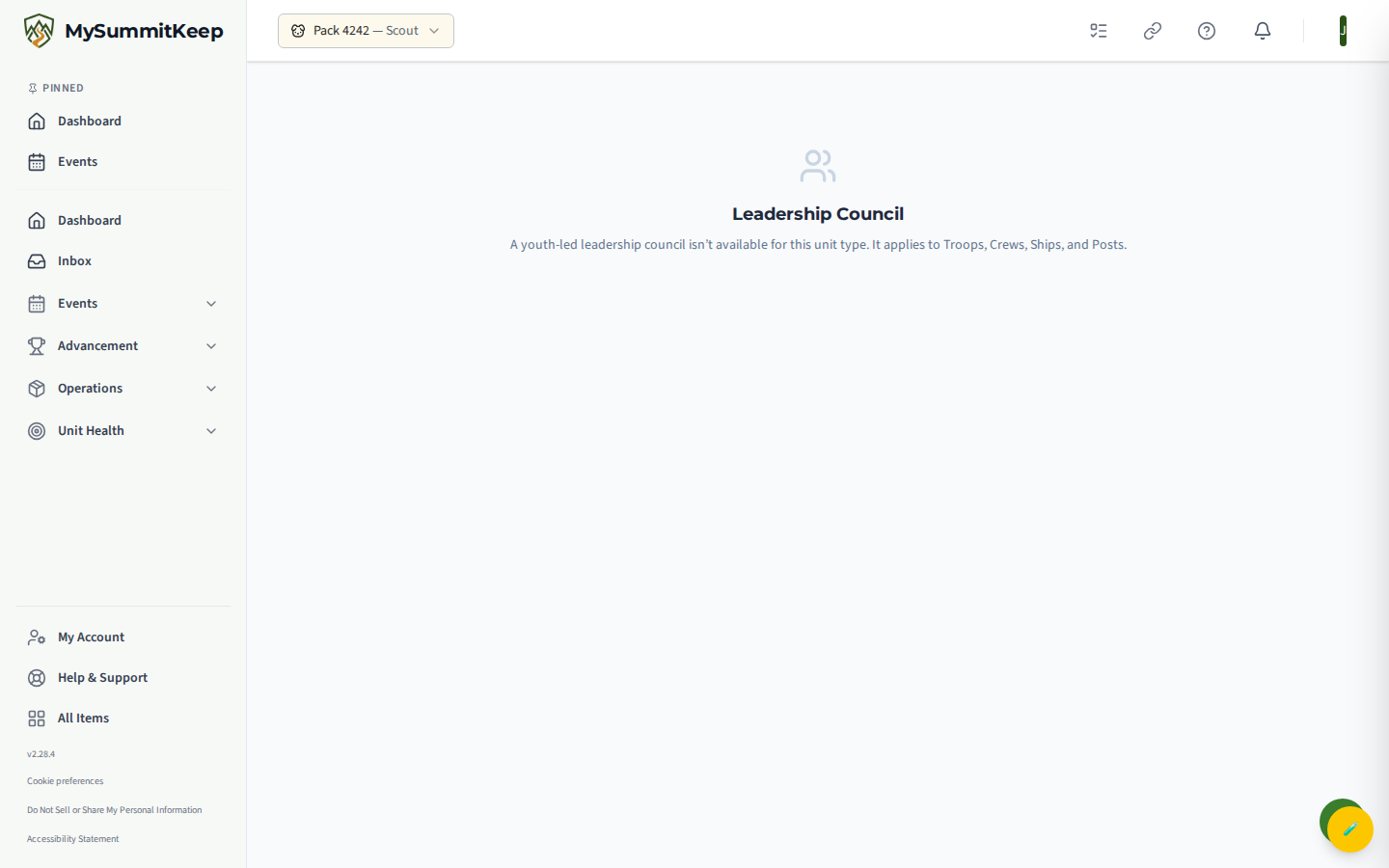 The Leadership Council page showing the empty state for an unsupported unit type: a heading 'Leadership Council' and the message that a youth-led leadership council isn't available for this unit type, applying to Troops, Crews, Ships, and Posts.