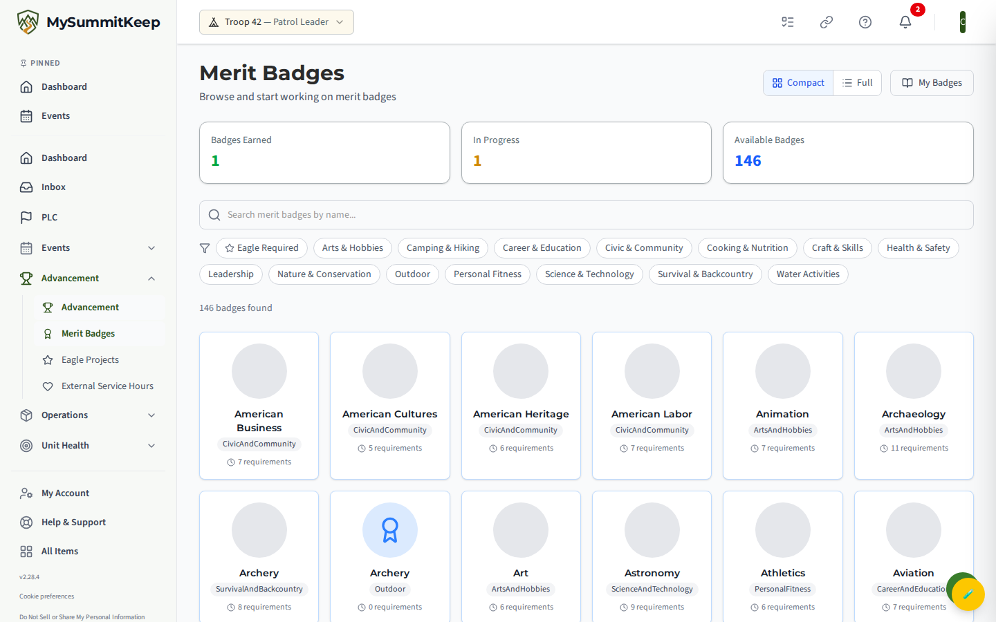 The merit badge catalog page: 'Merit Badges' heading, Compact / Full view toggle and a 'My Badges' link top-right, the Badges Earned / In Progress / Available Badges stat cards, the 'Search merit badges by name...' box, the 'Eagle Required' toggle and category filter chips, and a grid of badge tiles.