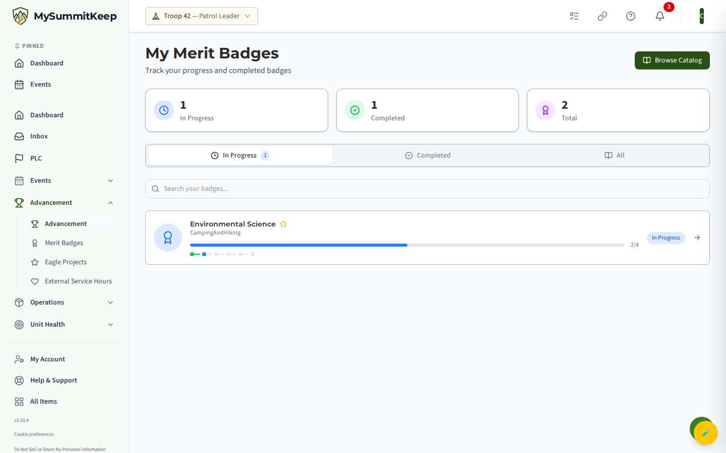 My Merit Badges list (youth view) with In Progress / Completed / Total counts and search