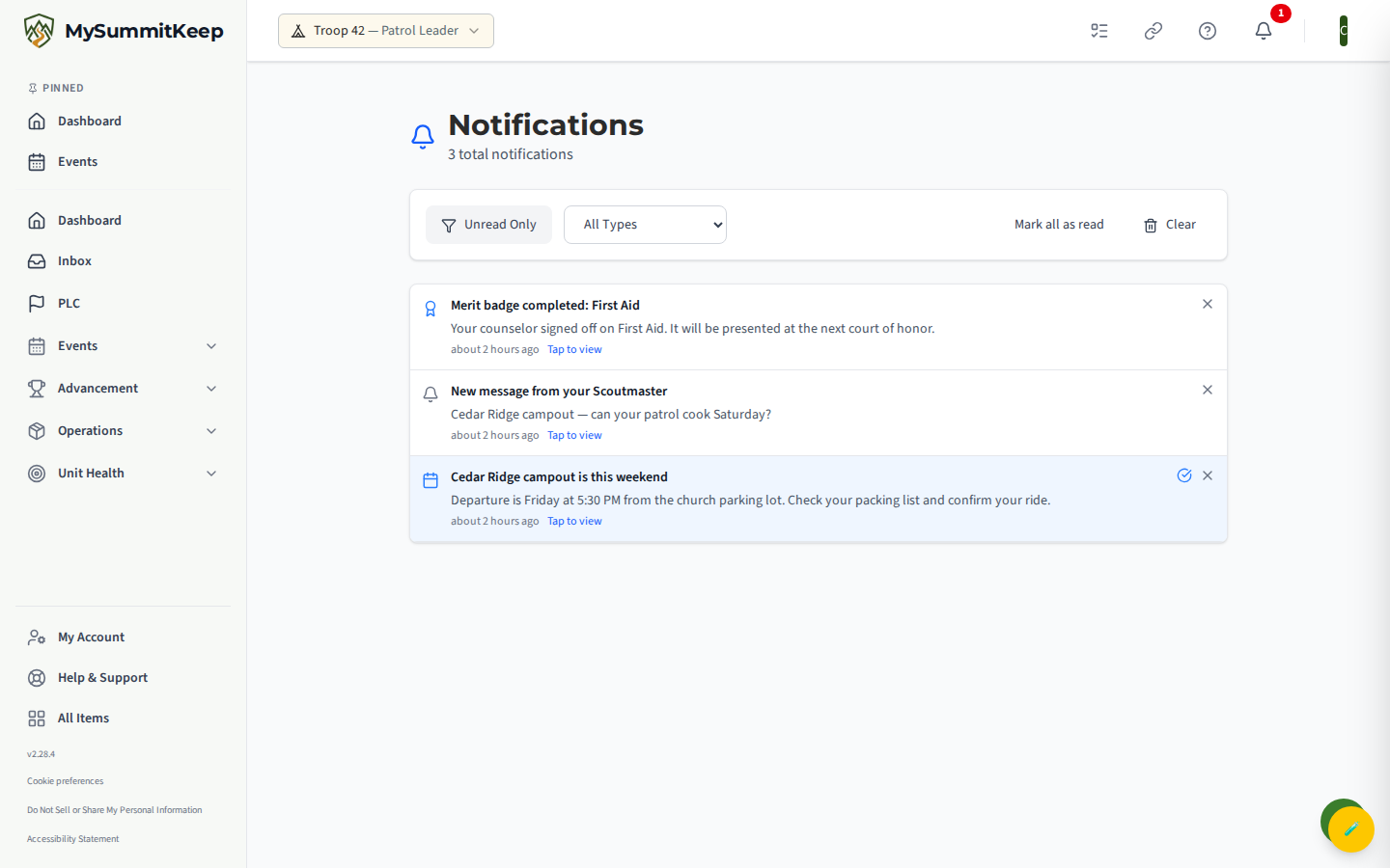 The standalone Notifications center page with the Unread Only filter, the type dropdown, Mark all as read, Clear, and the paginated notification list.