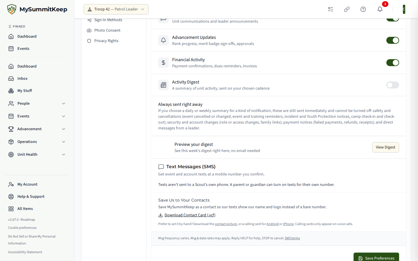 The Text messages (SMS) section of a Scout's Notifications settings, explaining that texts aren't sent to a Scout's own phone and a parent or guardian can turn them on for their own number.