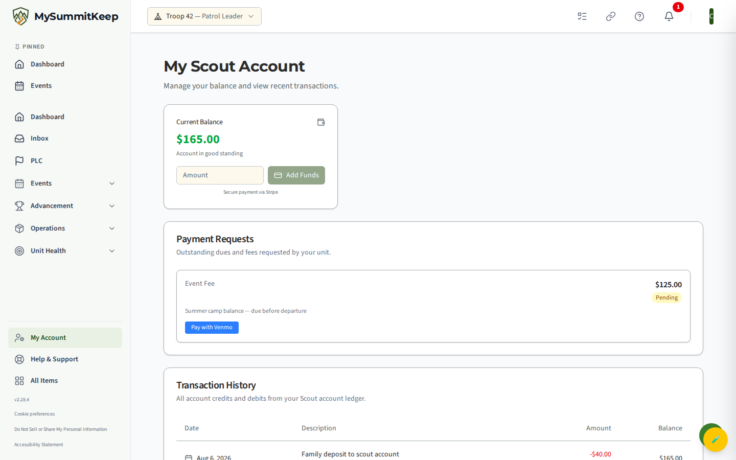 The /my-account 'Payment Requests' card listing outstanding dues or fees the unit has requested, each with a pay button.