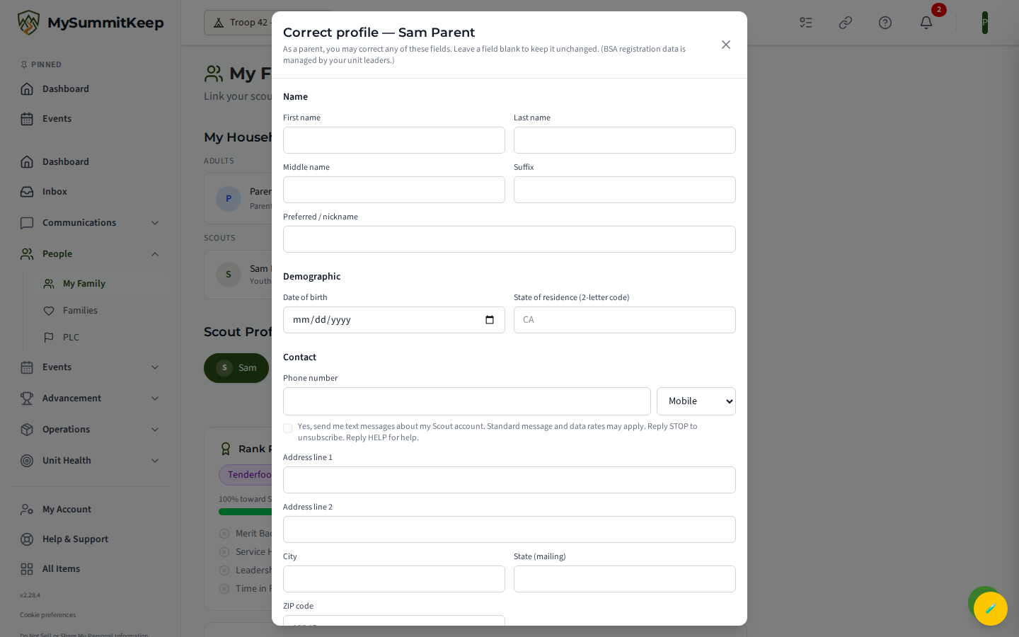 The EditChildProfileModal opened from 'Edit profile', showing the parent-correctable fields (name, DOB, address, allergies/medications, emergency contact).