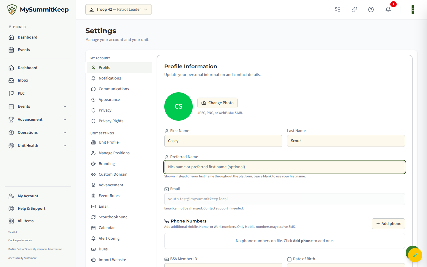 The Scout editing the Preferred Name field on /settings/profile with the 'Save Changes' button at the bottom of the form.