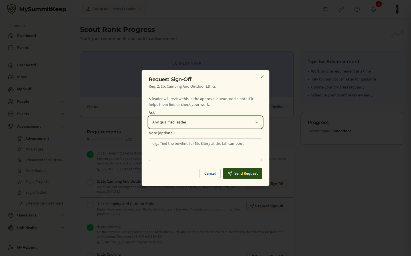 The Scout Rank Progress page with the Request Sign-Off dialog open, showing the Ask picker with Any qualified leader and a list of leaders, a Note box, and the Send Request button.