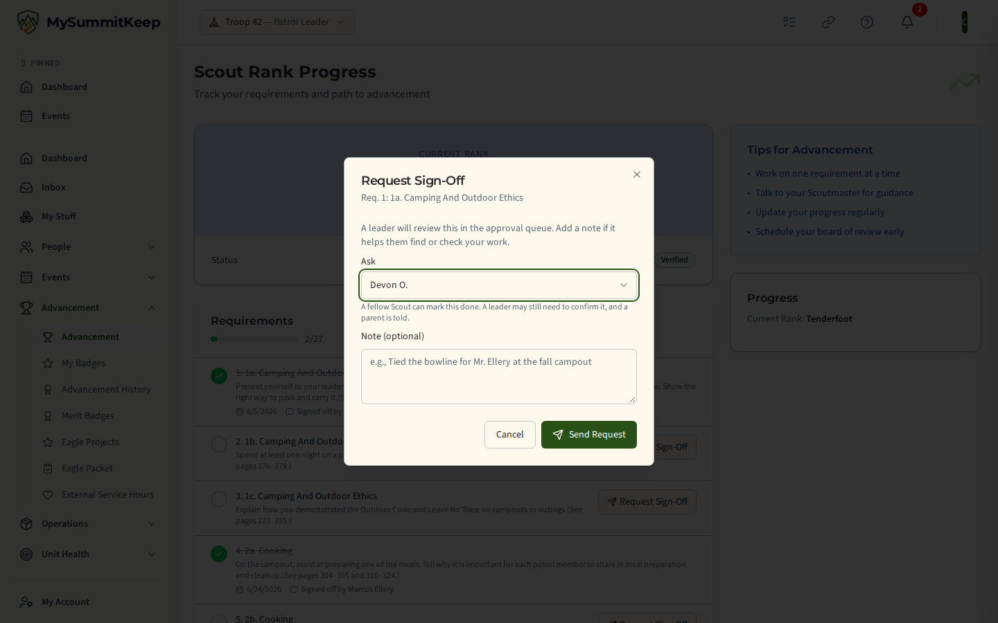 The Request Sign-Off dialog with a Star Scout chosen from the Fellow Scouts group of the Ask list