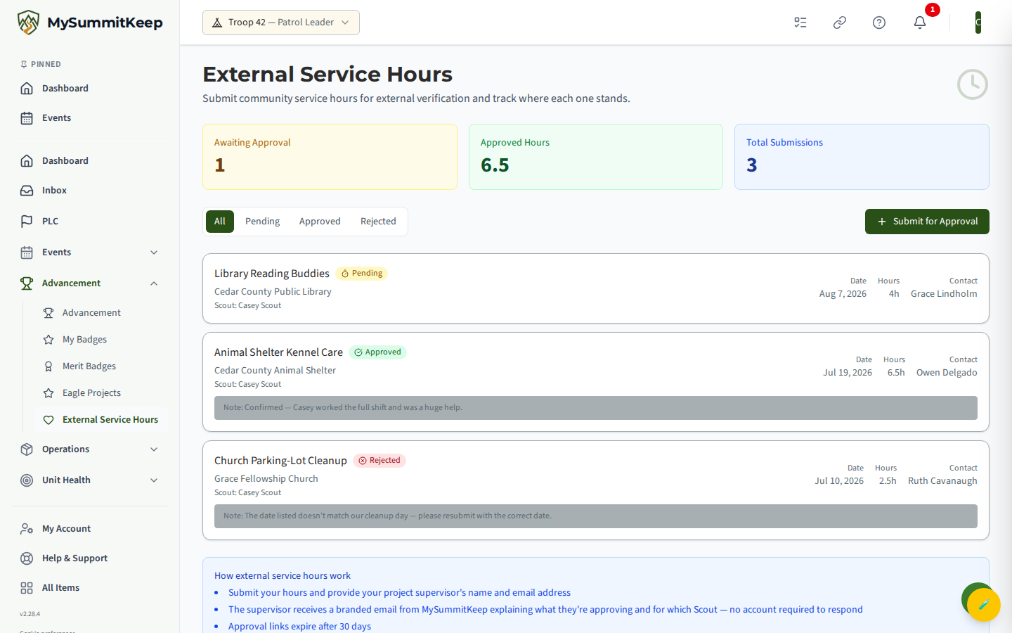 The External Service Hours page for a Scout: the heading, three summary cards (Awaiting Approval, Approved Hours, Total Submissions), the All/Pending/Approved/Rejected tabs, and a list of the Scout's own service-hour entries.