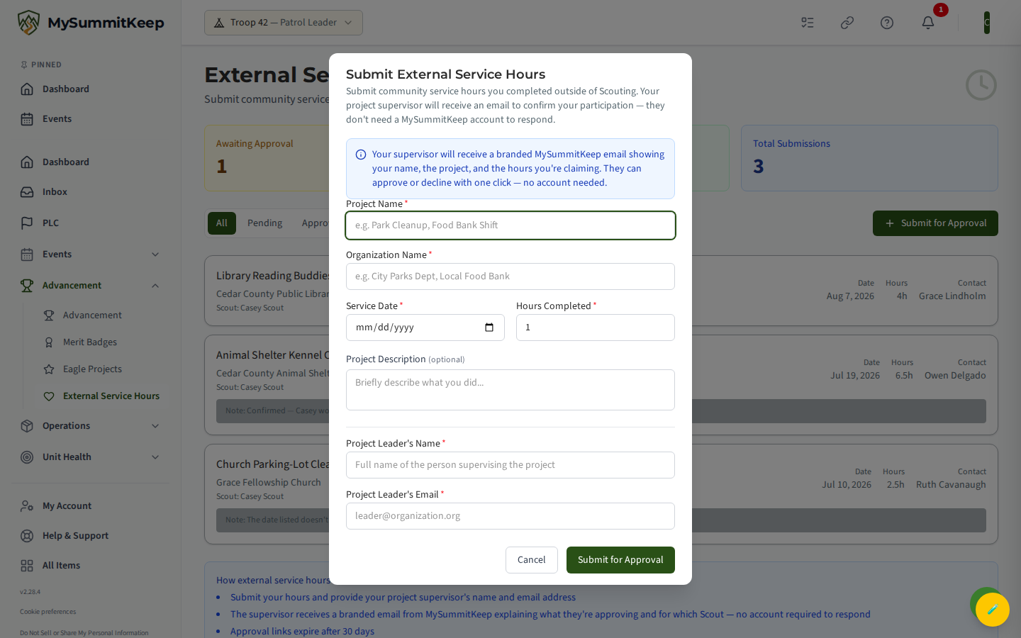 A Scout re-opening the Submit External Service Hours form to re-enter a pending entry's details correctly, since pending entries can't be edited in place.