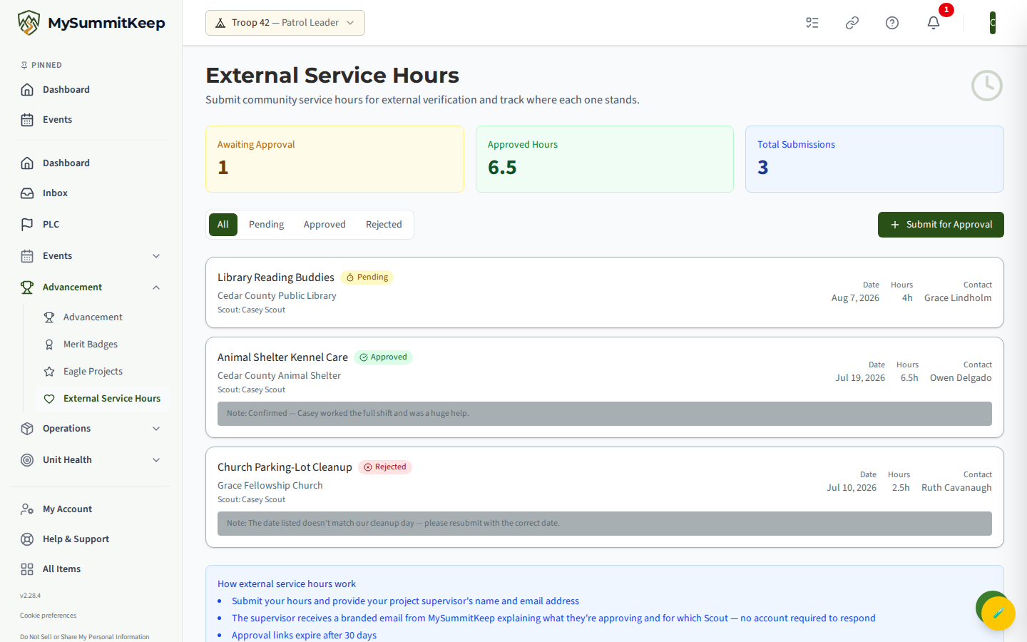 A single service-hours entry showing its verification status badge — a Pending (yellow) entry next to an Approved (green) one — so the difference between waiting-for-sign-off and verified is clear.