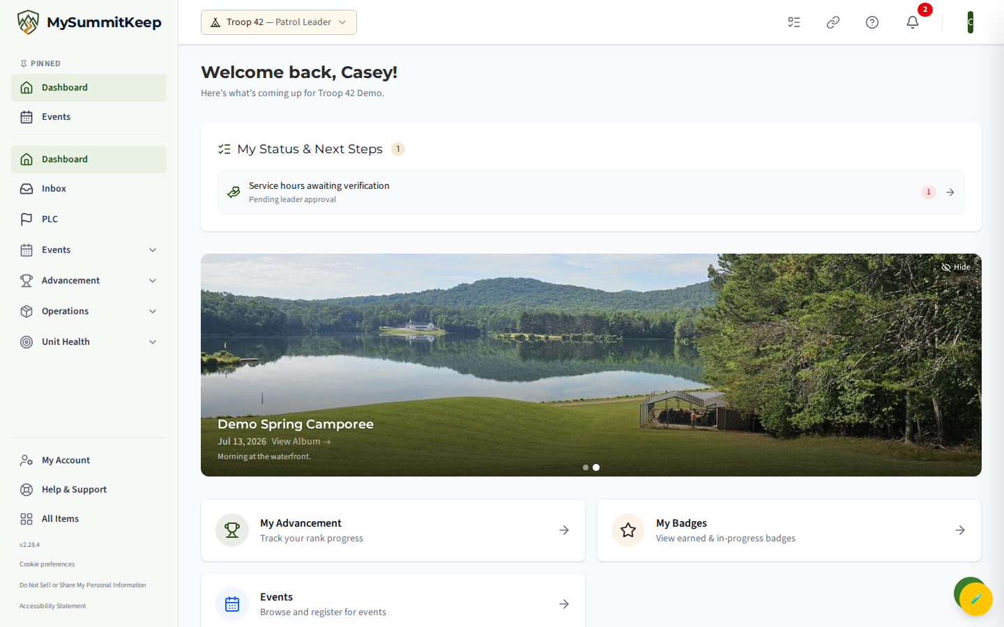 The Scout sidebar showing only the groups a Scout can see — Home (Dashboard, Inbox), Advancement, Events, People, and Operations — with no Admin, Settings, Finance, or Commissioner groups present.