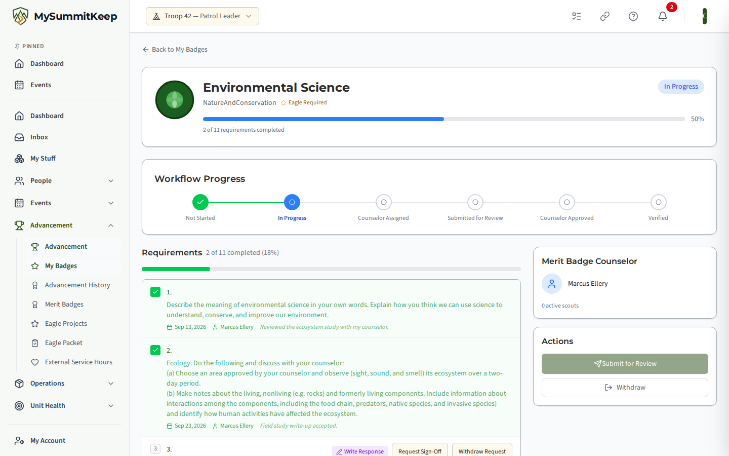 A merit badge progress page where one requirement is waiting on a sign-off, with a Withdraw Request button beside it.