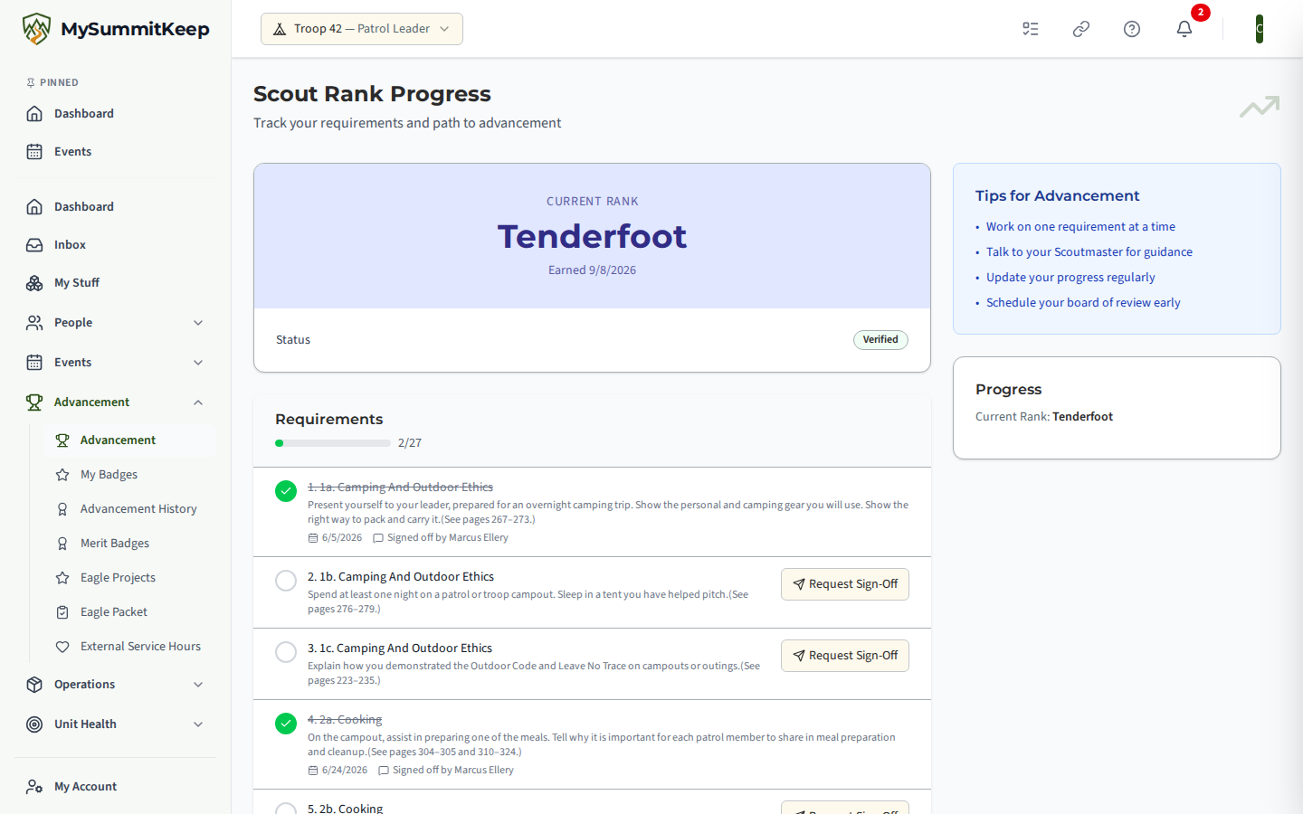 The Scout Rank Progress page with one requirement showing Awaiting leader sign-off and a Withdraw button beside it.