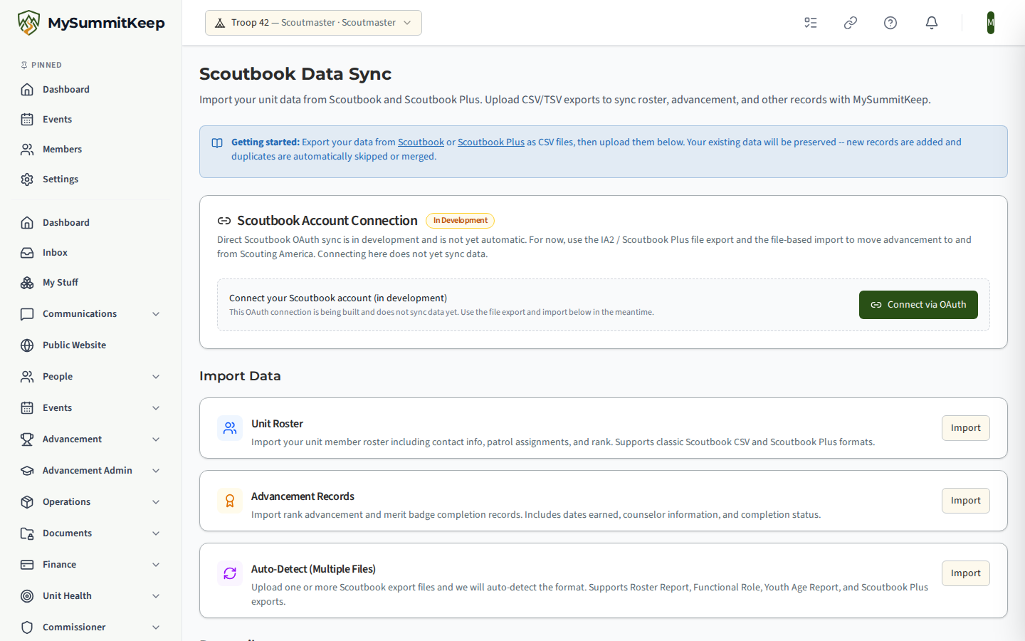 The Scoutbook Data Sync page at /scoutbook-sync with an Import Data section and a reconciliation wizard comparing incoming records to the roster