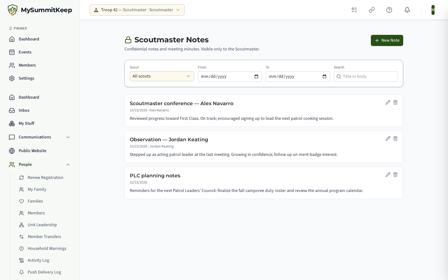 Scoutmaster Notes page with a lock icon in the heading, a New note button, Scout, From, To and Search filters, and a list of note cards.