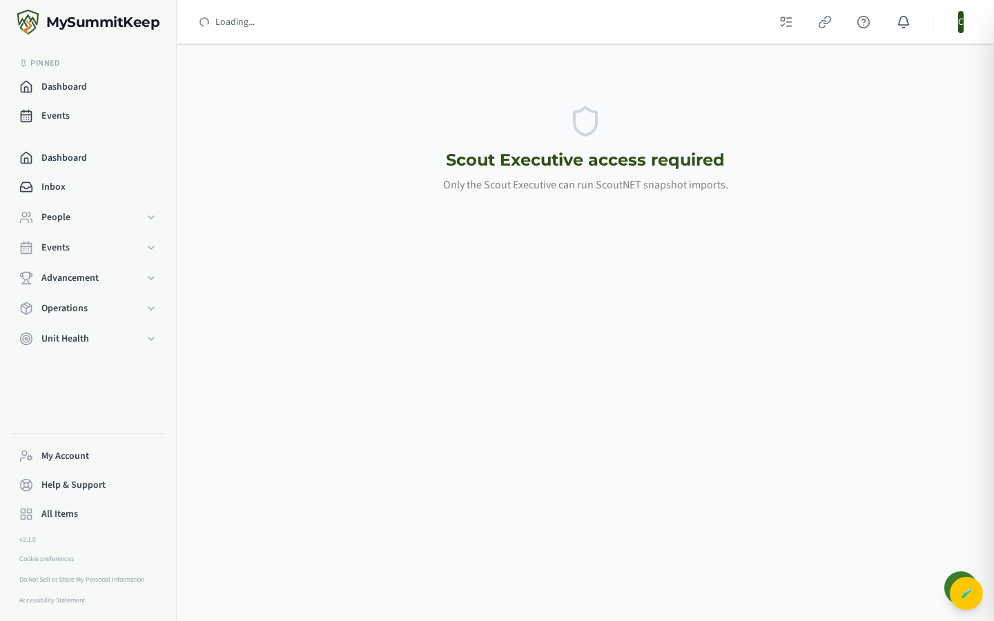 ScoutNET Import page (/council/admin/scoutnet-import) with drop zone, expected columns, and result summary