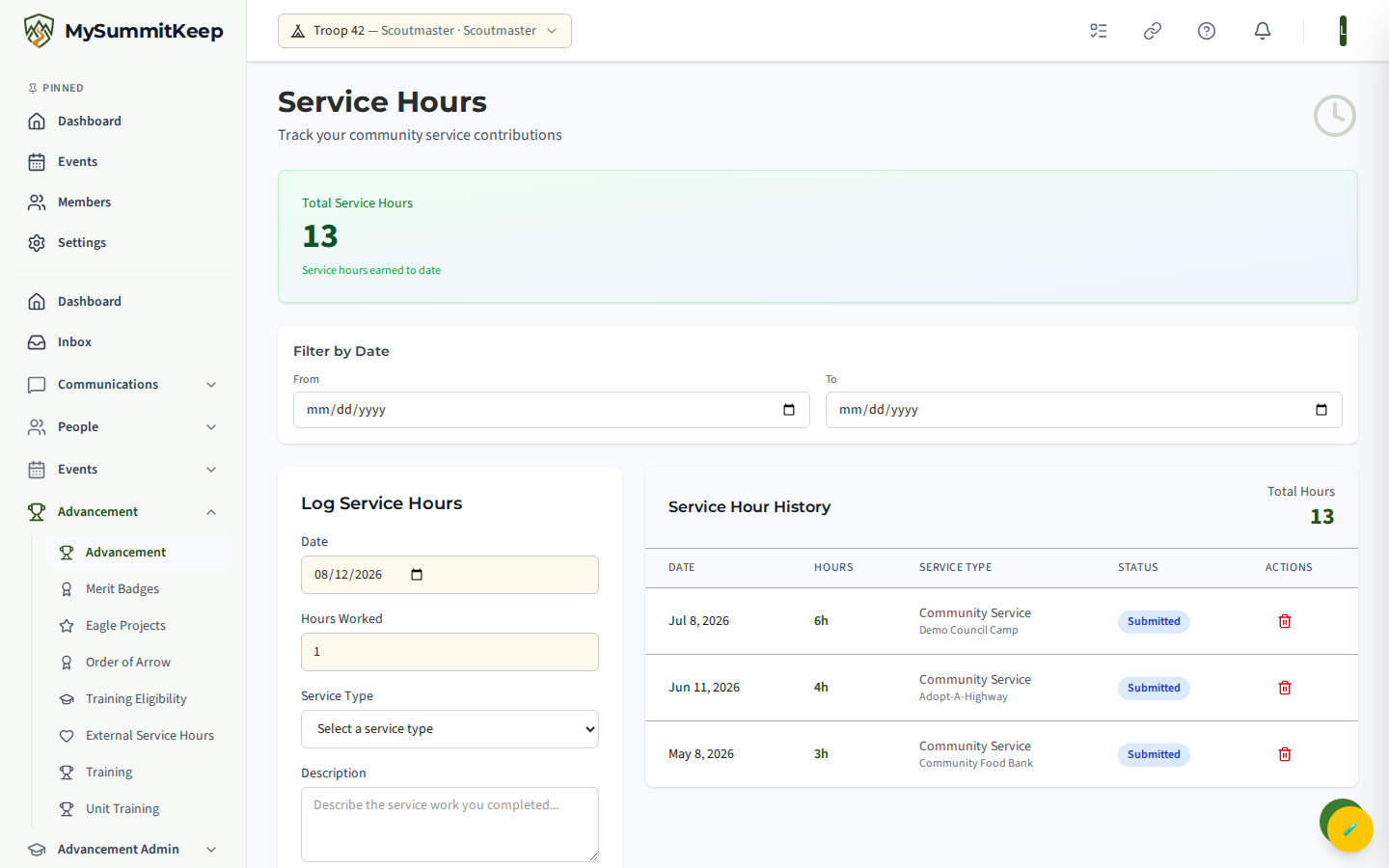 Service Hours page for logging your own hours