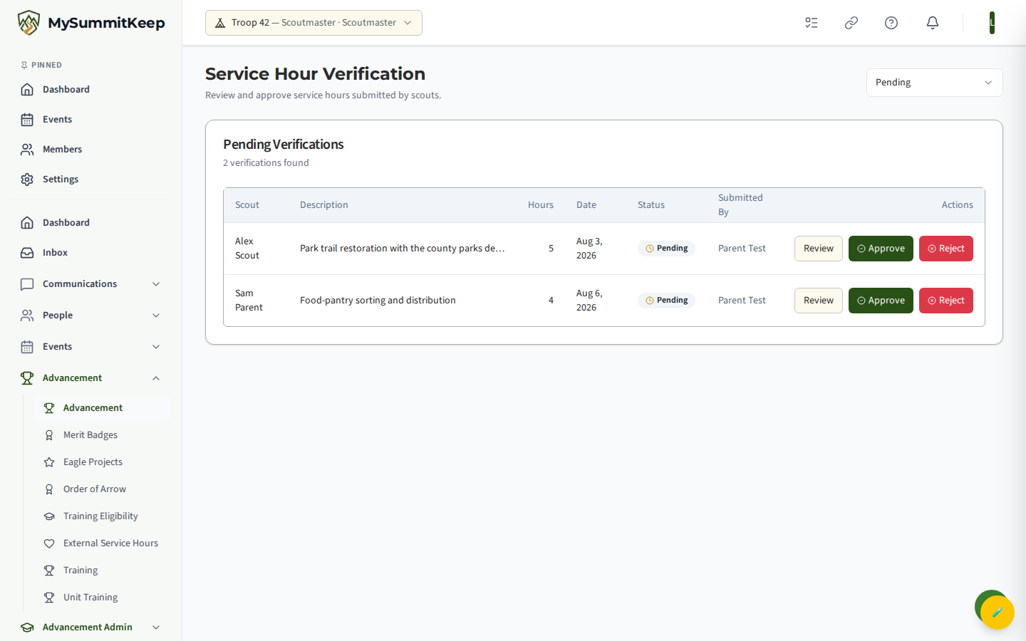Service hour verification page with pending submissions to approve or reject