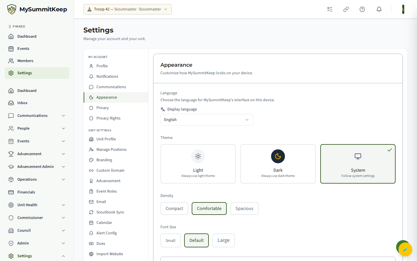 Appearance settings showing light/dark/system mode, density, and font-scale options.