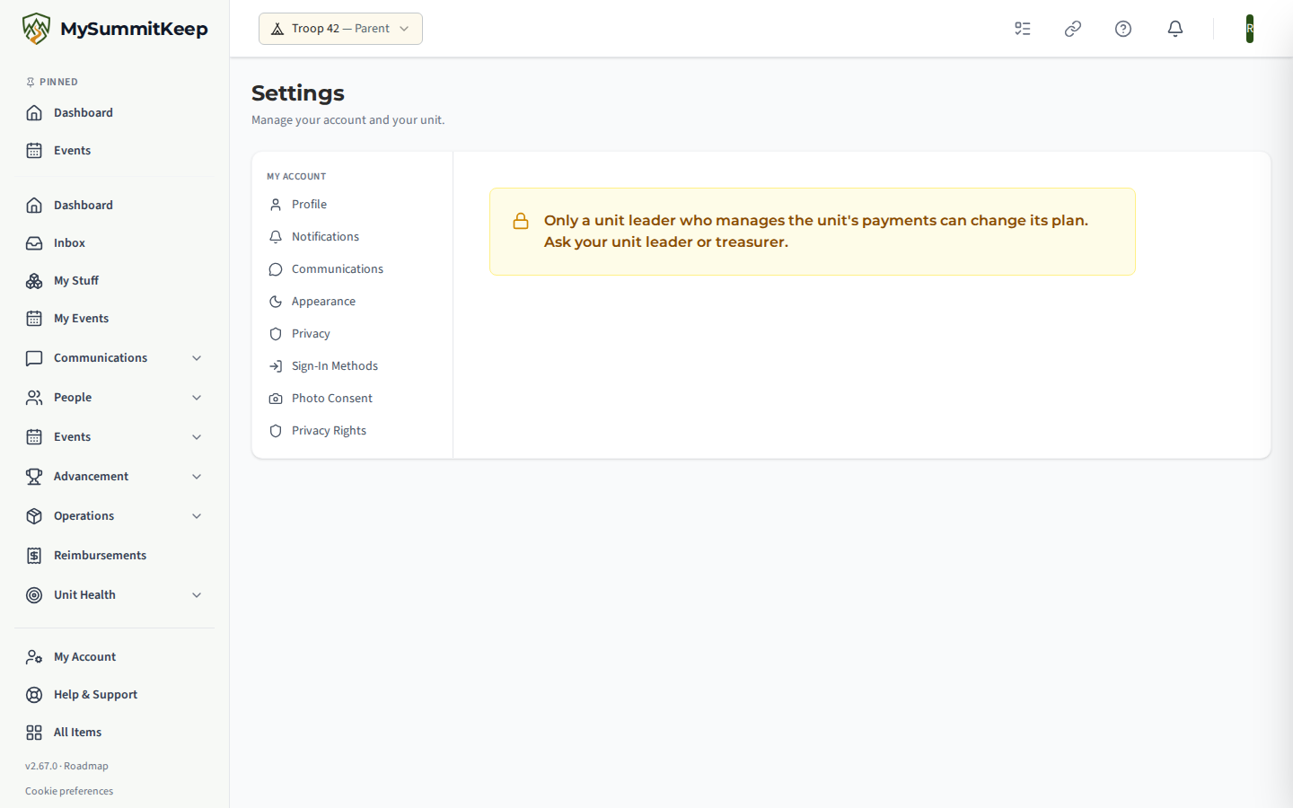A parent's Settings page shows only My Account; opening Billing directly shows a note that only a unit leader who manages the unit's payments can change the plan