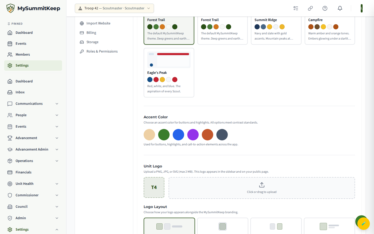Branding settings page showing theme presets and the logo upload control.