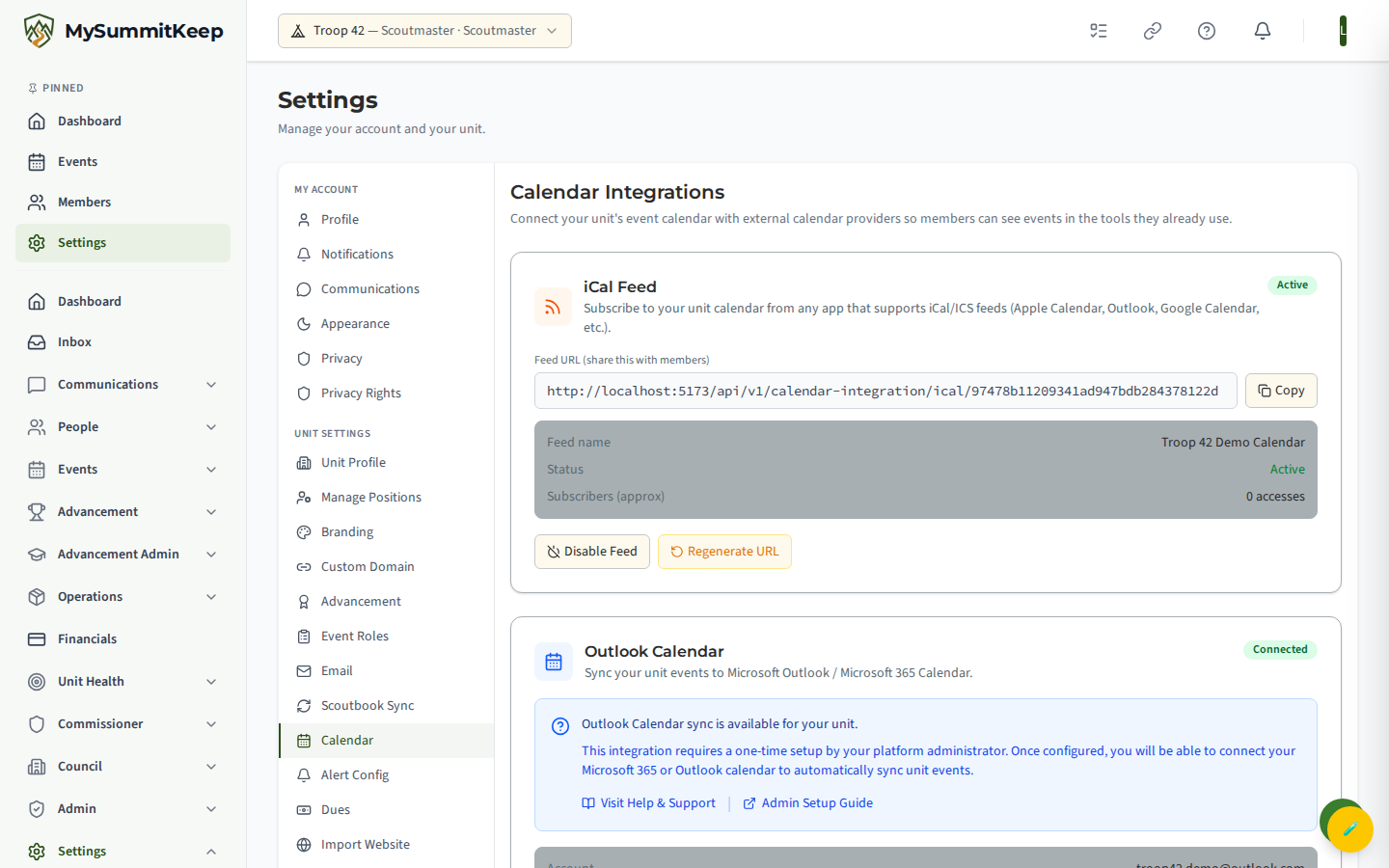 Calendar settings Outlook card showing the Connect-Outlook OAuth entry point.