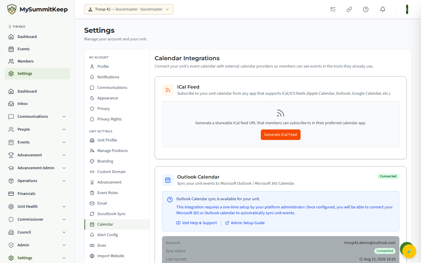 Calendar settings page showing the Outlook Calendar integration card with Connect button (disconnected state).