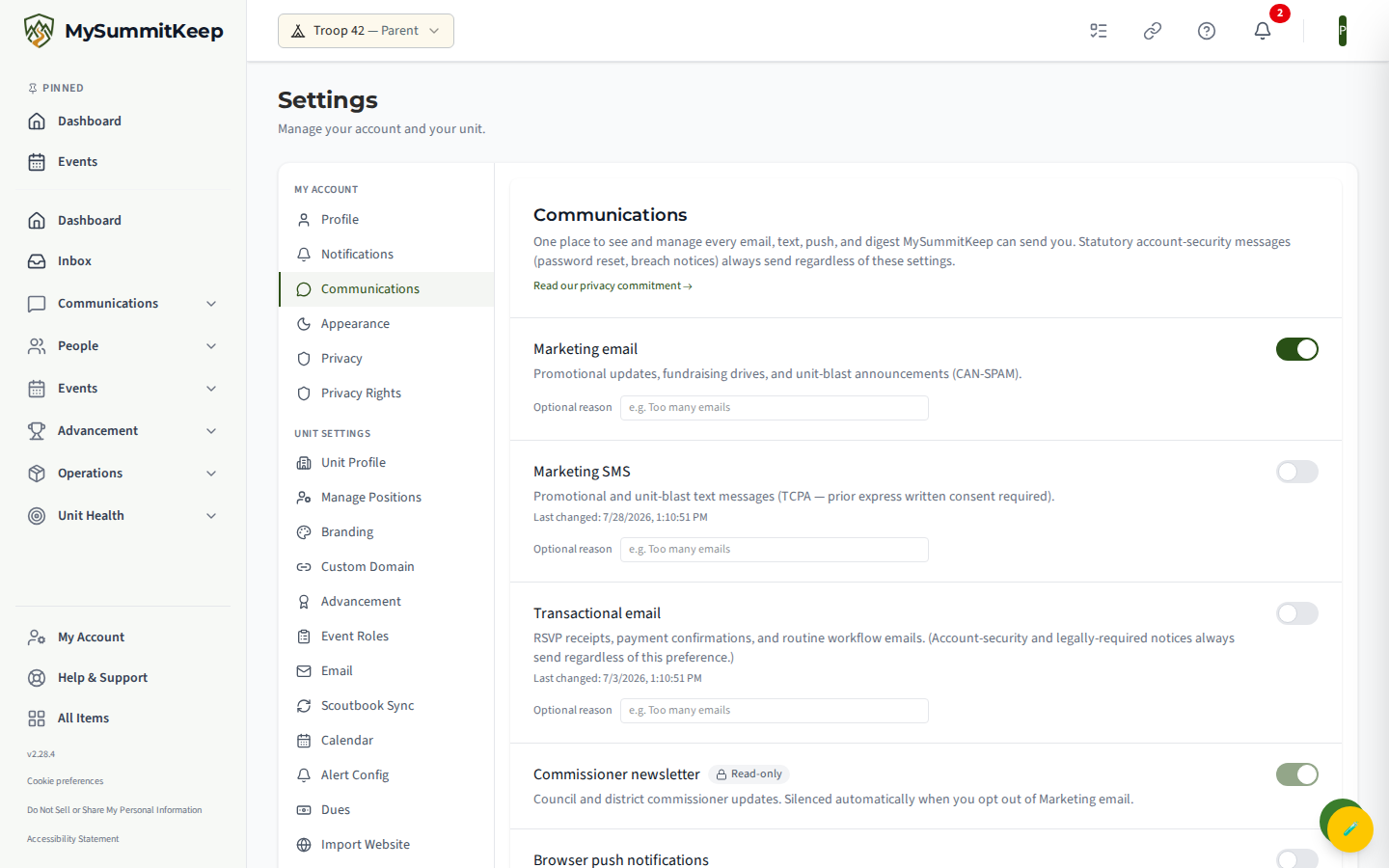 Communication Preferences page listing every email/text/push/digest channel with opt-in toggles and last-changed timestamps.