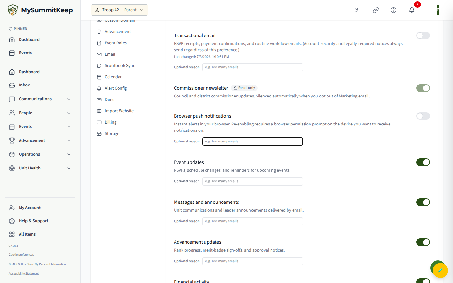 Communication Preferences showing the browser web-push opt-in row and permission prompt.