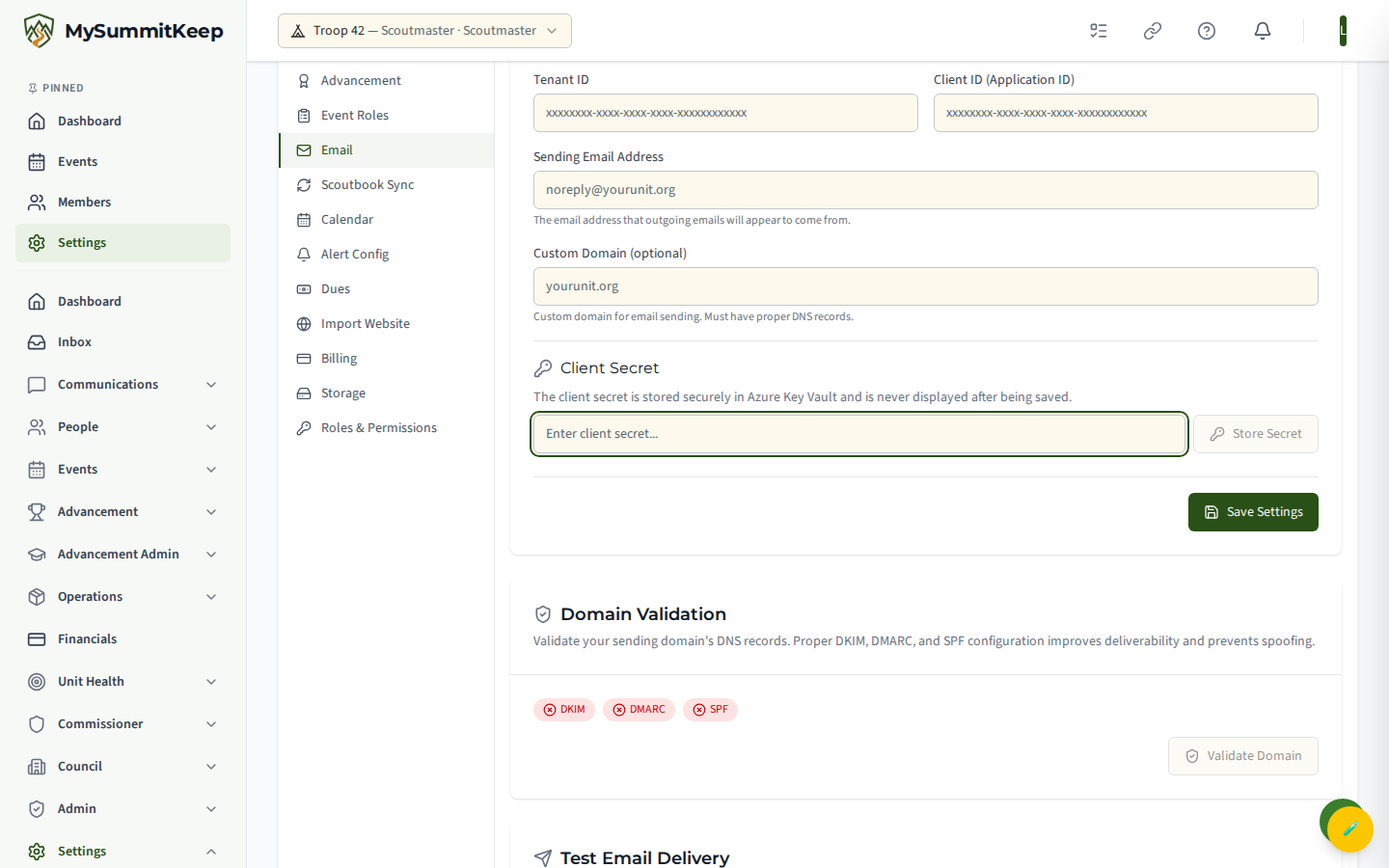 Office 365 provider fields: tenant ID, client ID, sending email, and the store-client-secret control.