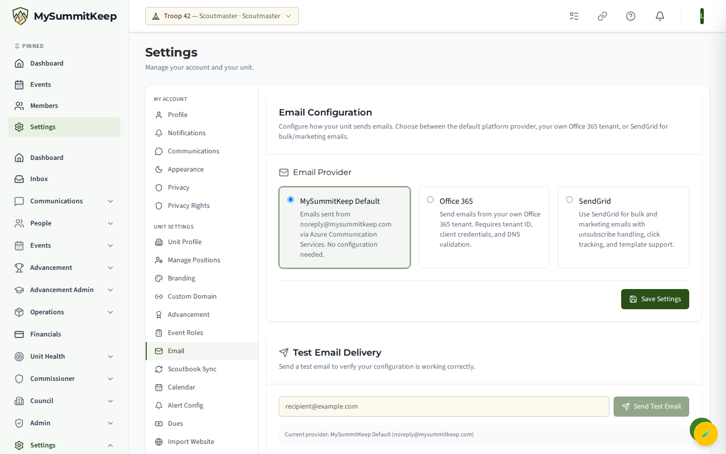 Email settings page showing the three provider options (MySummitKeep Default, Office 365, SendGrid).