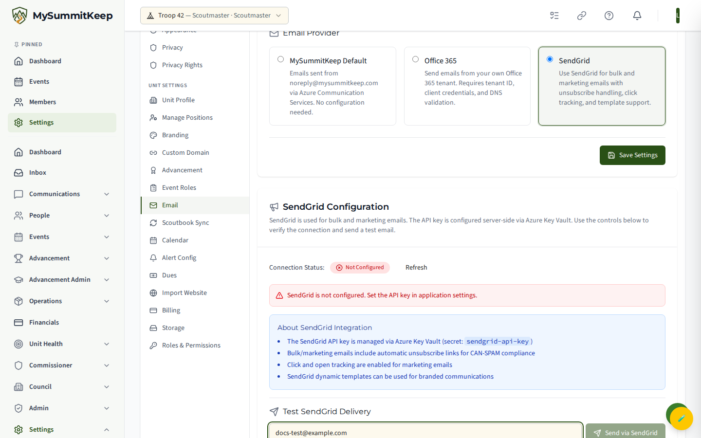 SendGrid status panel with the test-email recipient input and send button.