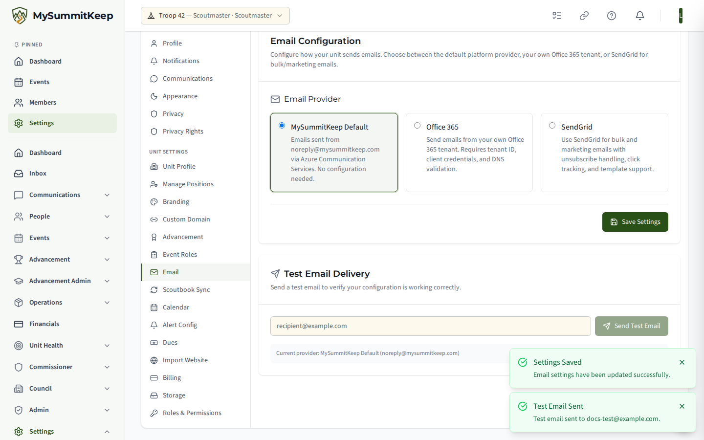 Email settings test-send / validate-domain panel confirming a successful provider test.