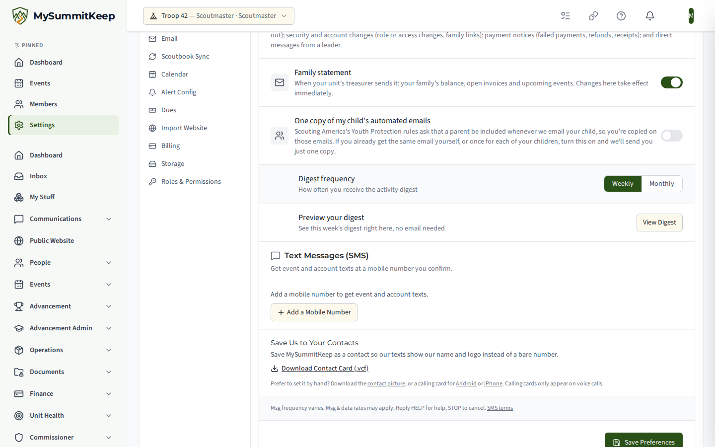 Notification Preferences with the Activity Digest switched on, showing the Digest frequency choice (Weekly or Monthly) and the Preview your digest row with its View Digest button.