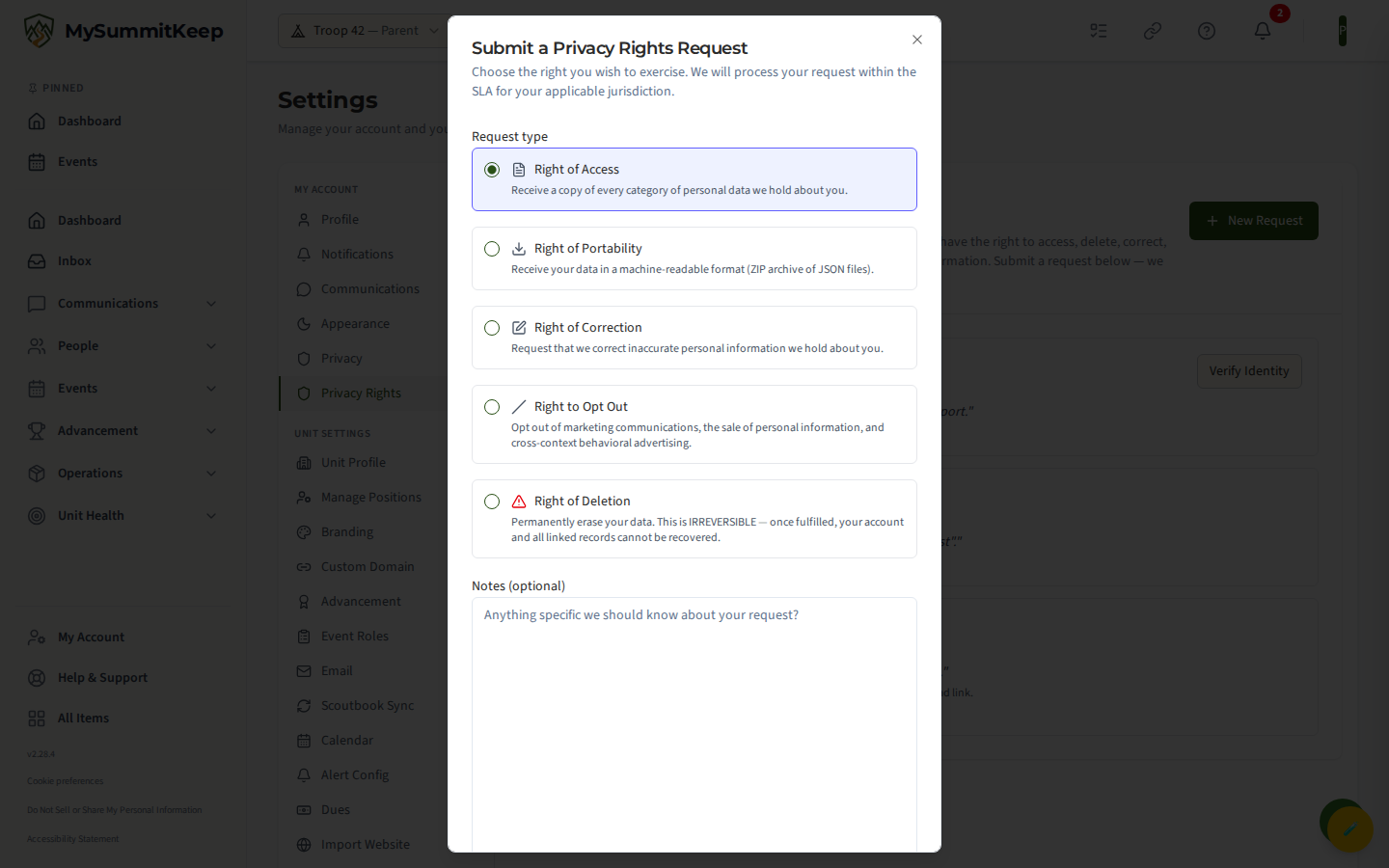 Privacy Rights (DSR) page showing request-type selector (Access, Portability, Correction, Deletion) and the submit form.